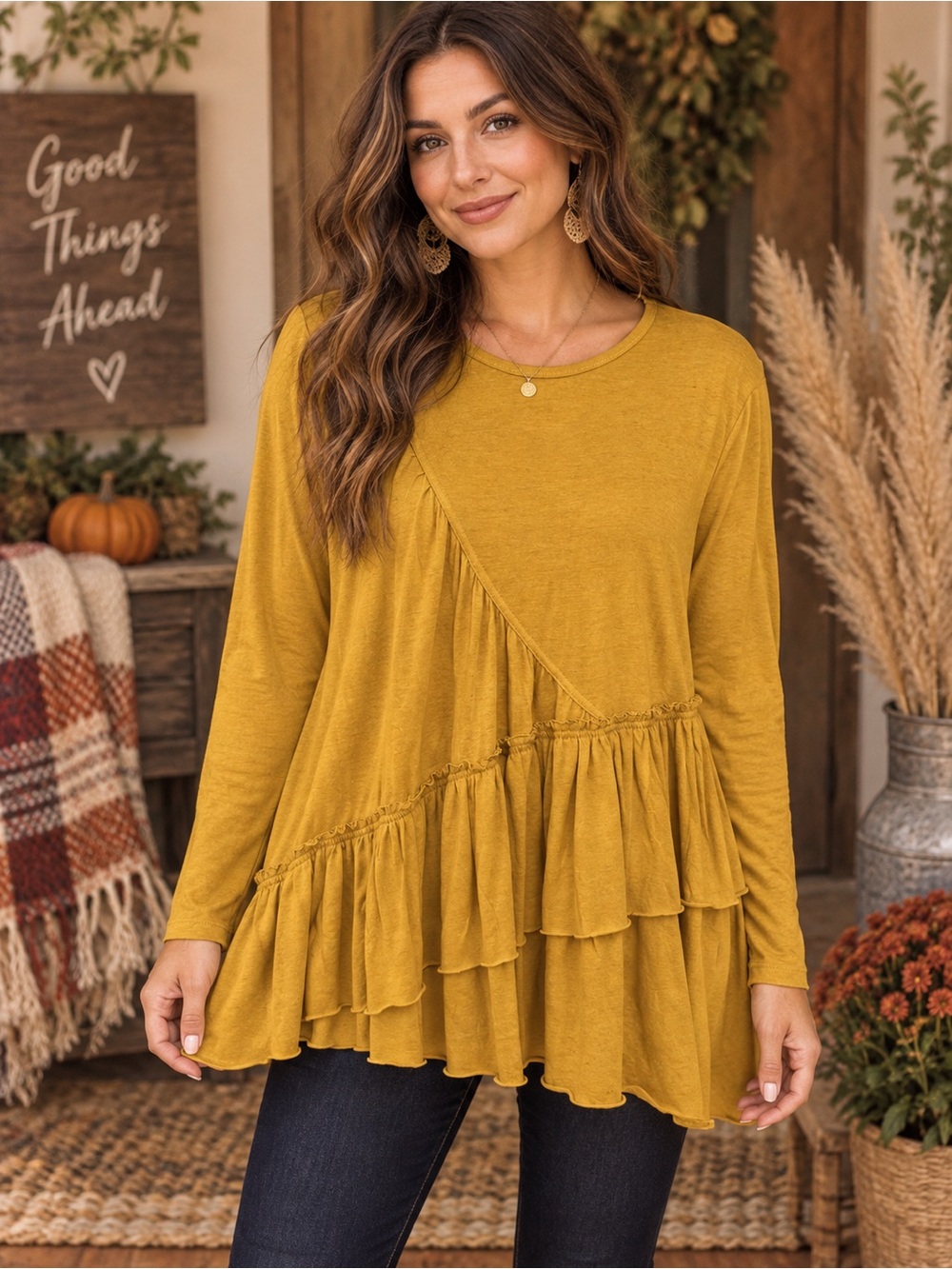 372 NWT easel Mustard Tiered Ruffle Long-Sleeve Top Oversized Small